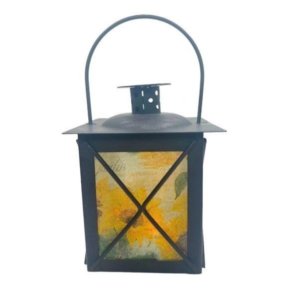Artisan Crafted Metal Lantern Decoupaged Sunflower Paper One of a Kind - Picture 3 of 12